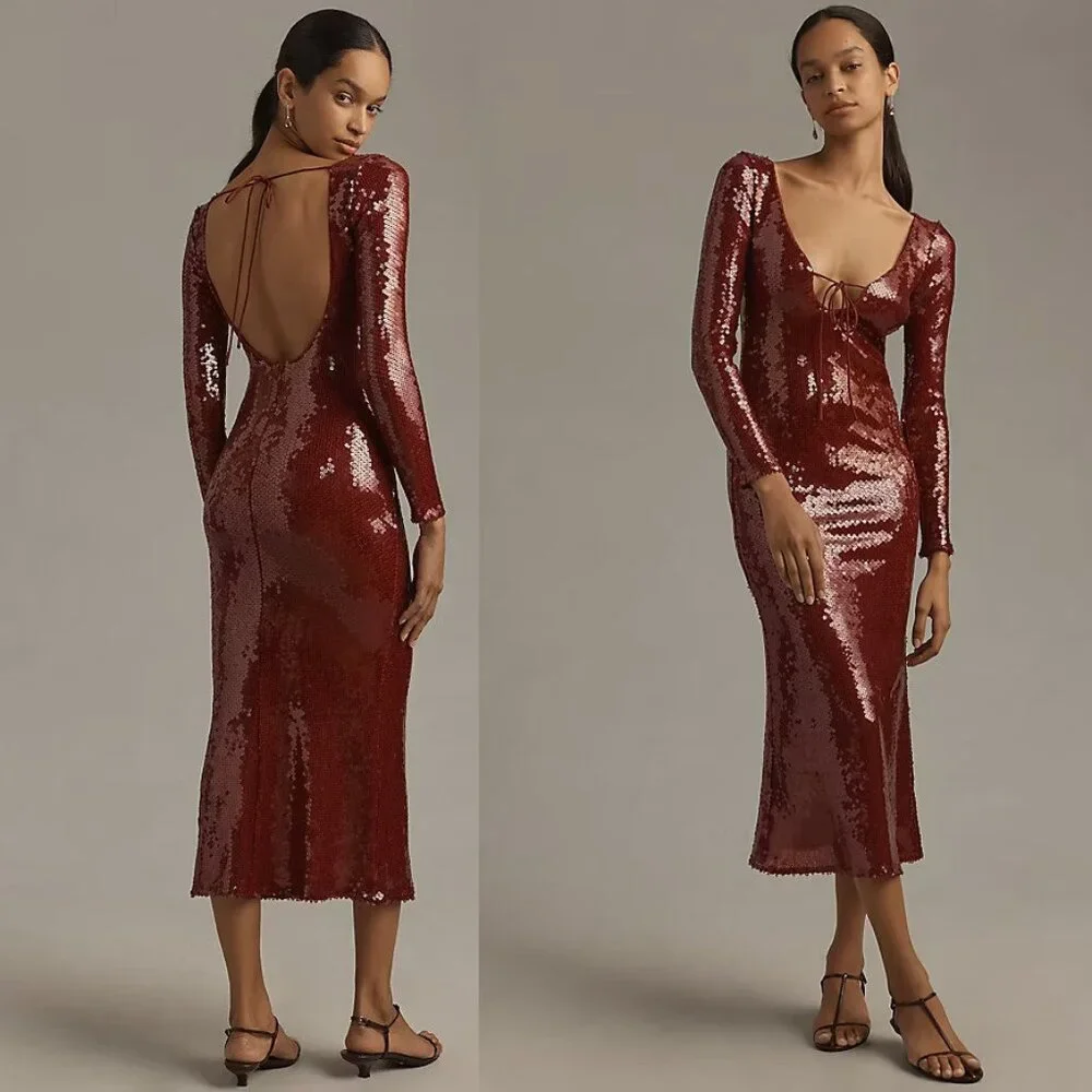 anthropologie Bardot Verona Long-Sleeve Sequin Slim Midi Dress size 8 wine new